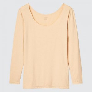 Camiseta Uniqlo HEATTECH Scoop Neck Long-Sleeve Mujer Beige | 459813_PE