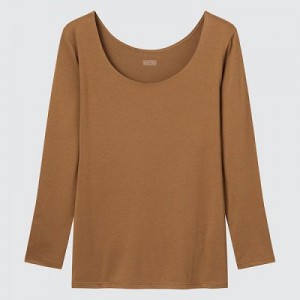 Camiseta Uniqlo HEATTECH Scoop Neck Long-Sleeve Mujer Marrones | 610972_PE