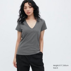 Camiseta Uniqlo Slub Jersey V-Neck Short-Sleeve Mujer Gris | 943215_PE