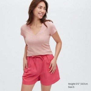 Camiseta Uniqlo Slub Jersey V-Neck Short-Sleeve Mujer Rosas | 138725_PE