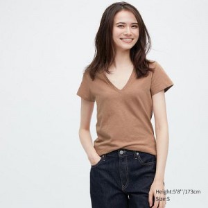 Camiseta Uniqlo Slub Jersey V-Neck Short-Sleeve Mujer Marrones | 472830_PE