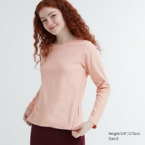 Camiseta Uniqlo Smooth Stretch Cotton Crew Neck Long-Sleeve Mujer Rosas | 789560_PE