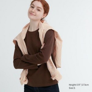 Camiseta Uniqlo Smooth Stretch Cotton Crew Neck Long-Sleeve Mujer Marrones | 719836_PE