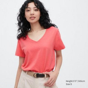 Camiseta Uniqlo Supima® Cotton V-Neck Short-Sleeve Mujer Rosas | 359274_PE