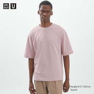 Camiseta Uniqlo U AIRism Cotton Oversized Crew Neck Half-Sleeve Mujer Rosas | 678914_PE