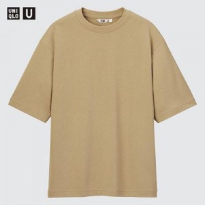 Camiseta Uniqlo U AIRism Cotton Oversized Crew Neck Half-Sleeve Mujer Beige | 475289_PE