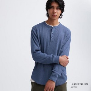 Camiseta Uniqlo Waffle Henley Neck Long-Sleeve Hombre Azules | 460972_PE