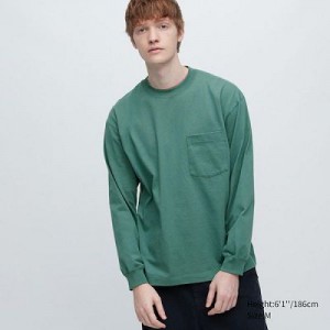 Camiseta Uniqlo Washed Cotton Crew Neck Long-Sleeve Mujer Verde | 791026_PE