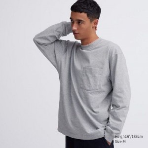 Camiseta Uniqlo Washed Cotton Crew Neck Long-Sleeve Hombre Gris | 382971_PE