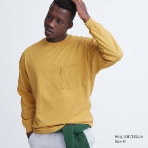 Camiseta Uniqlo Washed Cotton Crew Neck Long-Sleeve Hombre Amarillo | 513046_PE