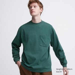 Camiseta Uniqlo Washed Cotton Crew Neck Long-Sleeve Hombre Verde | 679502_PE