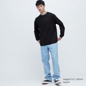 Camiseta Uniqlo Washed Cotton Crew Neck Long-Sleeve Hombre Negras | 195428_PE