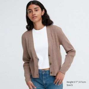 Cárdigan Uniqlo Washable Knit Acanalado Long-Sleeve Mujer Kaki | 163754_PE