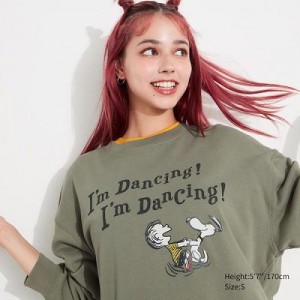 Sudaderas Uniqlo PEANUTS Dance Time with Snoopy Long-Sleeve Mujer Verde Oliva | 182364_PE