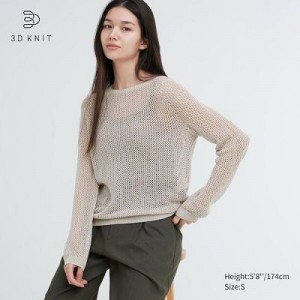 Suéteres Uniqlo 3D Knit Mesh Long-Sleeve Crew Neck Mujer Gris | 206845_PE