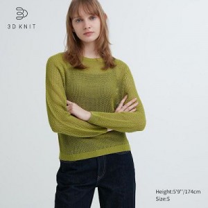 Suéteres Uniqlo 3D Knit Mesh Long-Sleeve Crew Neck Mujer Verde | 594718_PE