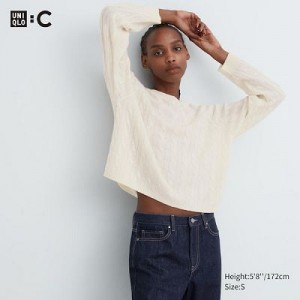 Suéteres Uniqlo Cashmere Cable Crew Neck Long-Sleeve Short Mujer Blancas | 54972_PE