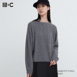 Suéteres Uniqlo Cashmere Cable Crew Neck Long-Sleeve Short Mujer Gris | 546129_PE