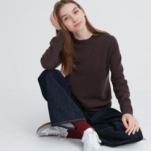 Suéteres Uniqlo Cashmere Crew Neck Long-Sleeve Mujer Marrones | 936504_PE