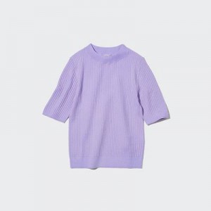 Suéteres Uniqlo Extra Fine Merino Acanalado Half-Sleeve Short Mujer Moradas | 347562_PE