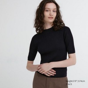 Suéteres Uniqlo Extra Fine Merino Acanalado Mock Neck Half-Sleeve Mujer Negras | 875213_PE