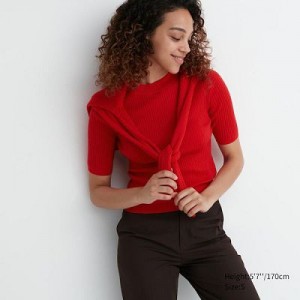 Suéteres Uniqlo Extra Fine Merino Acanalado Mock Neck Half-Sleeve Mujer Rojas | 276139_PE