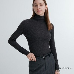 Suéteres Uniqlo Extra Fine Merino Acanalado Turtleneck Long-Sleeve Mujer Gris | 743095_PE