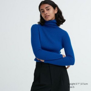 Suéteres Uniqlo Extra Fine Merino Acanalado Turtleneck Long-Sleeve Mujer Azules | 906178_PE