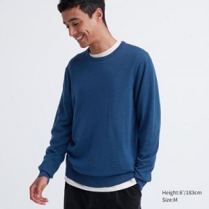 Suéteres Uniqlo Extra Fine Merino Crew Neck Hombre Azules | 379854_PE