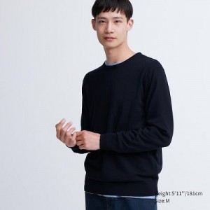 Suéteres Uniqlo Extra Fine Merino Crew Neck Hombre Azul Marino | 582473_PE