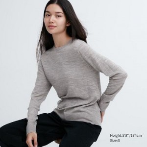 Suéteres Uniqlo Extra Fine Merino Crew Neck Long-Sleeve Mujer Gris | 260735_PE