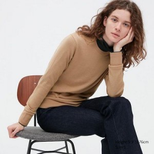 Suéteres Uniqlo Extra Fine Merino Crew Neck Long-Sleeve Mujer Beige | 465370_PE