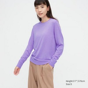 Suéteres Uniqlo Extra Fine Merino Crew Neck Long-Sleeve Mujer Moradas | 58936_PE