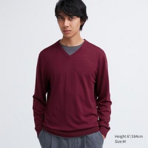 Suéteres Uniqlo Extra Fine Merino V-Neck Hombre Wine | 965032_PE