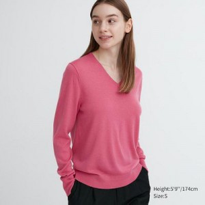 Suéteres Uniqlo Extra Fine Merino V-Neck Long-Sleeve Mujer Rosas | 51394_PE