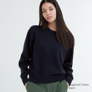 Suéteres Uniqlo Premium Lambswool Crew Neck Long-Sleeve Mujer Azul Marino | 935174_PE