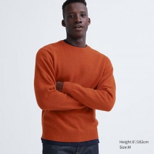 Suéteres Uniqlo Premium Lambswool Crew Neck Long Sleeve Hombre Naranjas | 650941_PE