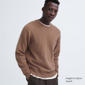 Suéteres Uniqlo Premium Lambswool Crew Neck Long Sleeve Hombre Marrones | 140986_PE