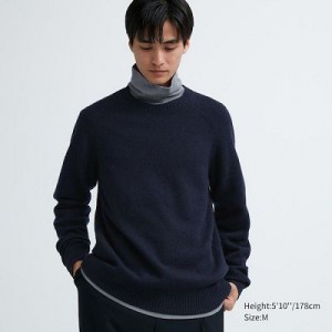 Suéteres Uniqlo Premium Lambswool Crew Neck Long Sleeve Hombre Azul Marino | 896017_PE