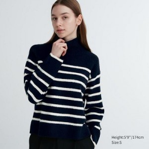 Suéteres Uniqlo Souffle Yarn A Rayas High Neck Long-Sleeve Mujer Azul Marino | 562407_PE