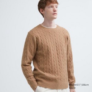 Suéteres Uniqlo Souffle Yarn Cable Crew Neck Mujer Beige | 128694_PE