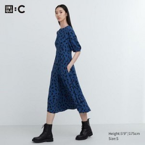 Vestido Uniqlo Balloon Sleeve Short-Sleeve Mujer Azules | 275803_PE