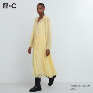 Vestido Uniqlo Chiffon Plisado Long-Sleeve Mujer Amarillo | 741983_PE