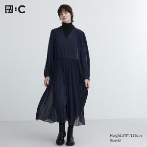 Vestido Uniqlo Chiffon Plisado Long-Sleeve Mujer Azul Marino | 839710_PE