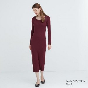 Vestido Uniqlo Merino Blend Fitted U Neck Long Sleeve Mujer Wine | 496385_PE