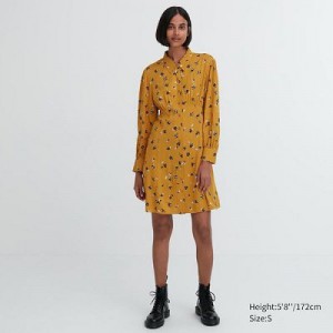 Vestido Uniqlo Printed V-Neck Long-Sleeve Mini Mujer Amarillo | 740158_PE