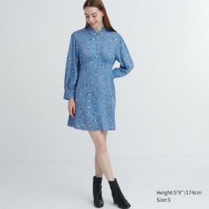 Vestido Uniqlo Printed V-Neck Long-Sleeve Mini Mujer Azules | 751203_PE