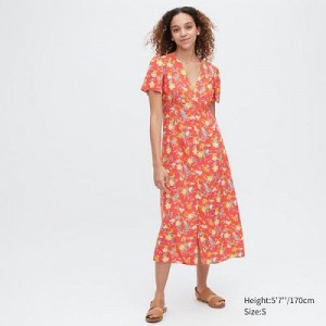 Vestido Uniqlo Printed V-Neck Short-Sleeve Flare Mujer Rojas | 351469_PE