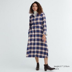 Vestido Uniqlo Soft Brushed Checked Long-Sleeve Mujer Azules | 395481_PE