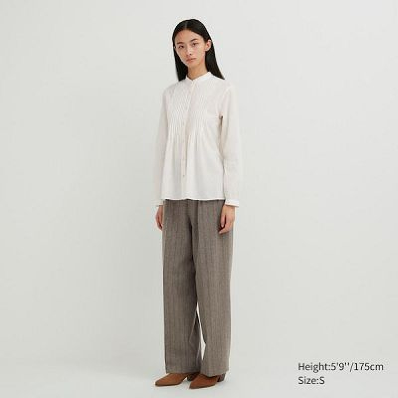 Blouse Uniqlo Pintuck Long Sleeve Mujer Blancas | 930867_PE